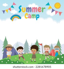 kids summer camp background education Banner Template for advertising brochure with cartoon of children doing activities on camping poster flyer your text ,Vector Illustration 