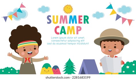 kids summer camp background education Banner Template for advertising brochure with cartoon of children doing activities on camping poster flyer your text ,Vector Illustration flat style 