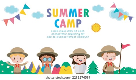 kids summer camp background education Banner Template,group of kids Scouts goes on a long walk in the forest, advertising brochure cartoon poster flyer your text ,Vector Illustration