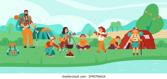 Antecedentes del campamento de verano para niños. Niños exploradores o campistas en camping en el bosque, ilustración plana vectorial. Grupo de guardas jóvenes de verano para niños y niñas.