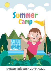 kids summer camp banner template background education for advertising brochure or poster, happy children doing activities on camping, poster flyer your text ,Vector Illustration 