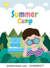 kids summer camp banner template background education for advertising brochure or poster, happy children doing activities on camping, poster flyer your text ,Vector Illustration 