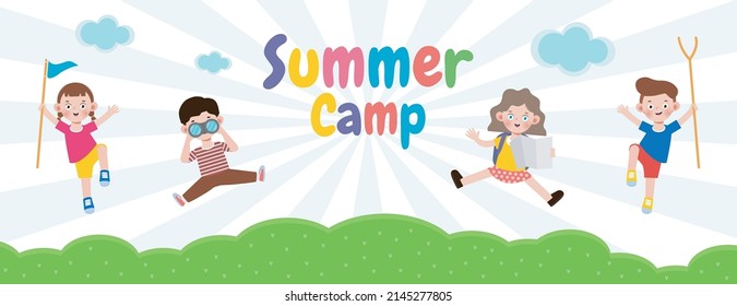 kids summer camp banner template background education for advertising brochure or poster, happy children doing activities on camping, poster flyer your text ,Vector Illustration 