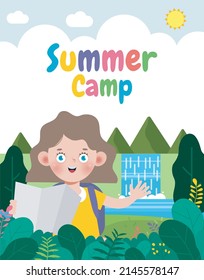 kids summer camp banner template background education for advertising brochure or poster, happy children doing activities on camping, poster flyer your text ,Vector Illustration 