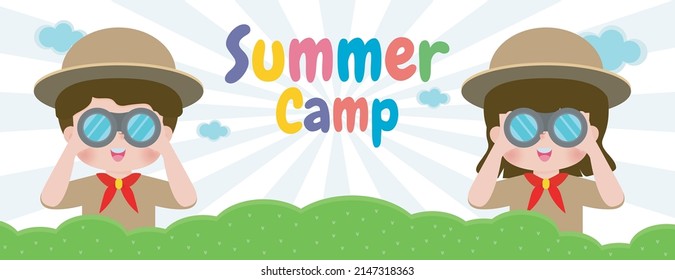 kids summer camp banner template background education for advertising brochure or poster, happy children doing activities on camping, poster flyer your text ,Vector Illustration 