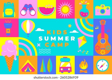 Kids Summer camp bright geometric flyer in square tile style, concept with symbols of camping - tent, backpack, compas, guitar, campfire, lots of fun and activity programs. Vector illustration.