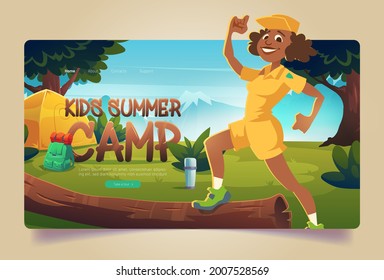 Kids summer camp cartoon landing page, cheerful counselor in boyscout uniform at hike forest camping with tent, vacuum flask and backpack. Summertime vacation, hiking activity, Vector web banner