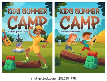 Kids summer camp cartoon posters, children hike