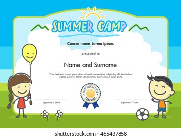 Kids summer camp certificate document template with hand drawing boy and girl