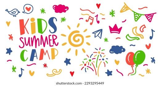 Kids summer camp. Colorfull illustration. Summer camp template poster, flyer, banner. Kids fun vector illustration. Hand drawn lettering typography text. Summer camp letters logo for print design.