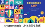 Kids Summer Camp concept design. Geometrical style colorful illustrations, icons. Banner, flyer, poster and social media template. Vector illustration