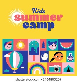 Kids Summer Camp concept design. Geometrical style colorful illustrations, icons. Banner, flyer, poster and social media template. Vector illustration