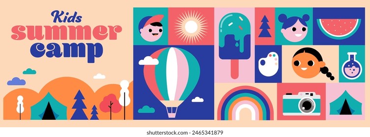 Kids Summer Camp concept design. Geometrical style colorful illustrations, icons. Banner, flyer, poster and social media template. Vector illustration