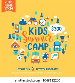 Kids Summer camp concept with handdrawn lettering, Camping and Travelling on holiday with a lot of camping equipment such as tent, backpack and others. Poster in flat style, vector illustration.