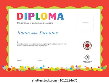 Kids Summer Camp Diploma or certificate template with photo and seal space on orange background and border