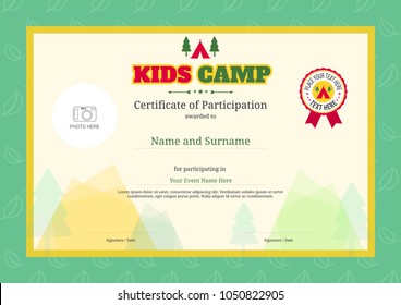Kids summer camp diploma or certificate template with colorful background