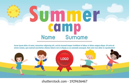 Kids summer camp diploma or certificate with cute happy children jumping together on a rainbow, cartoon flat style background isolated vector illustration