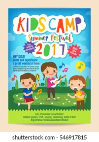 kids summer camp education advertising poster flyer template with illustration of children singing and playing music in background
