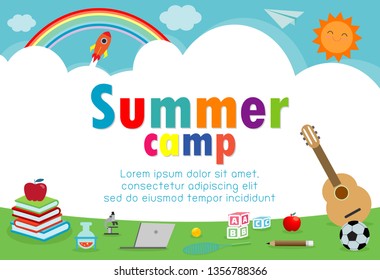 kids summer camp education concept Template for advertising brochure, activities on camping , poster flyer template, your text ,Vector Illustration 