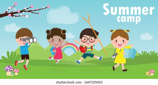 Kids Summer Camp Education Template For Advertising Brochure, Children Doing Activities On Camping , Poster Flyer Template, Your Text ,Vector Illustration 