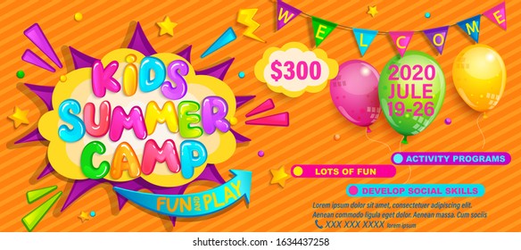 Kids Summer camp flyer, invitation banner. Welcome poster with flags, balloons and advertise children activities on camping. Great template design for cards and other.Vector illustration.