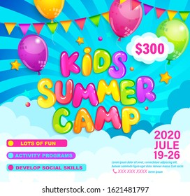 Kids Summer camp invitation flyer. Template for advertising brochure, children activities on camping. Great for posters, flyers, banners. Sunburst background, balloons and flags.Vector Illustration