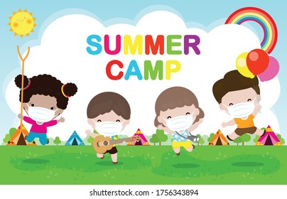 Kids Summer Camp For New Normal Lifestyle Concept Template For Advertising Brochure Or Poster, Kids Wearing A Surgical Protective Medical Mask For Prevent Coronavirus Or Covid-19 Poster Flyer Vector