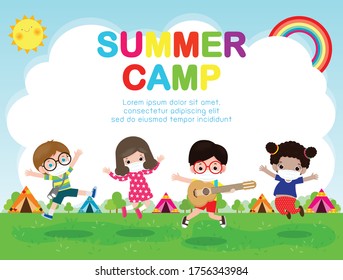 Kids Summer Camp For New Normal Lifestyle Concept Template For Advertising Brochure Or Poster, Kids Wearing A Surgical Protective Medical Mask For Prevent Coronavirus Or Covid-19 Poster Flyer Vector