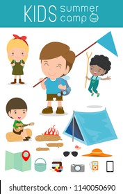 kids summer camp, Kids on a Camping Trip,children camper characters and camping on summer vacation,Template for advertising brochure, your text,vector illustration