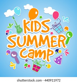 Kids Summer Camp Poster, Banner Or Flyer Design With Colorful Elements On Shiny Sky Blue Background.