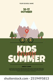 Cartel del Campamento de Verano para Niños. Concepto de camping y senderismo. Anuncio de Vertical con montañas, bicicleta, árboles. Ilustración vectorial
