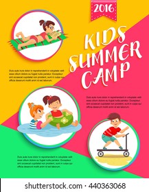 Kids summer camp poster. Children playing vector illustration.