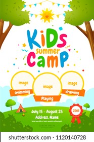 Kids summer camp poster design template. Childrens tourism flyer. Vector illustration