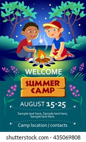 Kid's Summer Camp Poster Or Flier. Vector Illustration In Cartoon Style With Two Boys Near Campfire.