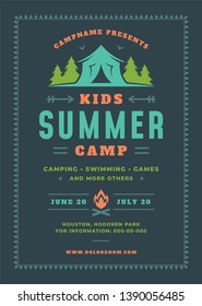 Kids summer camp poster or flyer event retro typography design template and forest lanscape and tent background. Vector illustration.