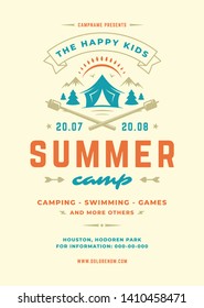 Kids summer camp poster or flyer event retro typography design template and forest lanscape and tent background. Vector illustration.