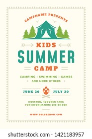 Kids summer camp poster or flyer event retro typography design template and forest lanscape and tent background. Vector illustration.