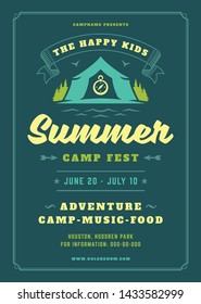 Kids summer camp poster or flyer event retro typography design template and forest lanscape and tent background. Vector illustration.