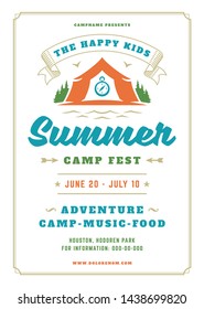 Kids summer camp poster or flyer event retro typography design template and forest lanscape and tent background. Vector illustration.