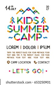 Kids Summer Camp Poster With Nature Landscape Consisting Of Mountains, Trees Color Line Style For Holiday Party, Kids Camping, Fest Etc. Vector Illustration