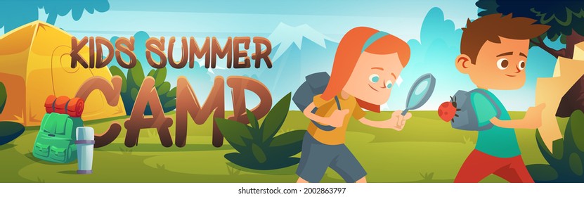 Kids summer camp poster with tent, backpack and thermos. Vector banner with cartoon landscape with mountain, forest, campsite and scouts children with map and magnifier