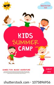 Kids summer camp poster, vector illustration. With playing children
