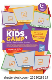 kids summer camp promotional flyer for schools, summer festival poster, colorful school event flyer template