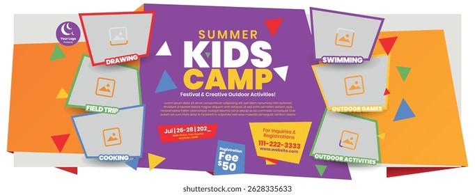 kids summer camp promotional social media banner for schools, summer festival event banner design, colorful school event banner template