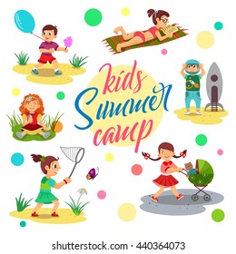 Kids Summer Camp Vector, Cartoon Children