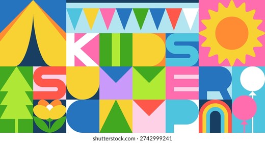 Kids summer camp vector flat illustration. Modern typography design with tent, sun, nature. Camping banner poster with geometric layout. Colorful travel, vacation or nature exploration background