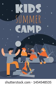 Kids summer camp vertical poster template. Children sitting near a bonfire and their tents eating marshmallow at night. Camping trip and backpacking in scout camp. Kids summer outdoor activivity.