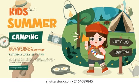 Kids summer camping. children doing activities on camping. Kids summer camp poster..