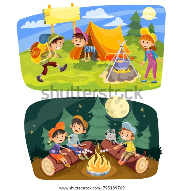 子どもの夏のキャンプのベクター画像コンセプトイラスト 10代のグループは 自然の中でキャンプをし テントで休み 外で料理を作り 夕方に焚き火 でマシュマロを焼く 2つの水平バナーのセット のベクター画像素材 ロイヤリティフリー