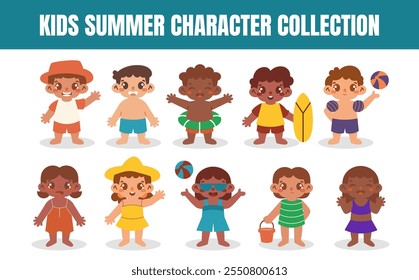 Kids summer character vector illustration set